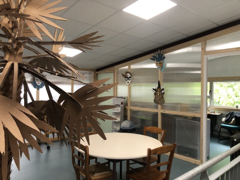 nouveaux locaux avec palmier en carton au premier plan